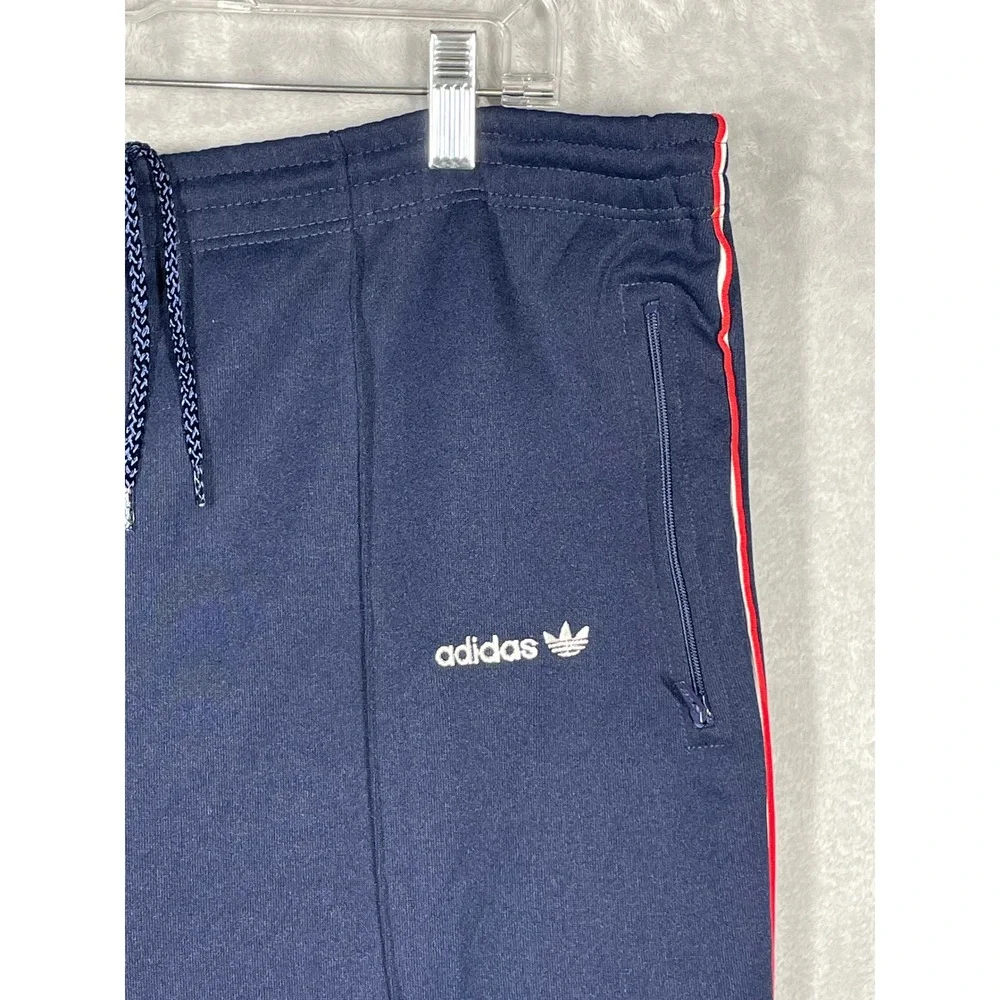 Vintage Adidas Trefoil Navy Blue Track Pants Red White Stripe Zip Pockets L